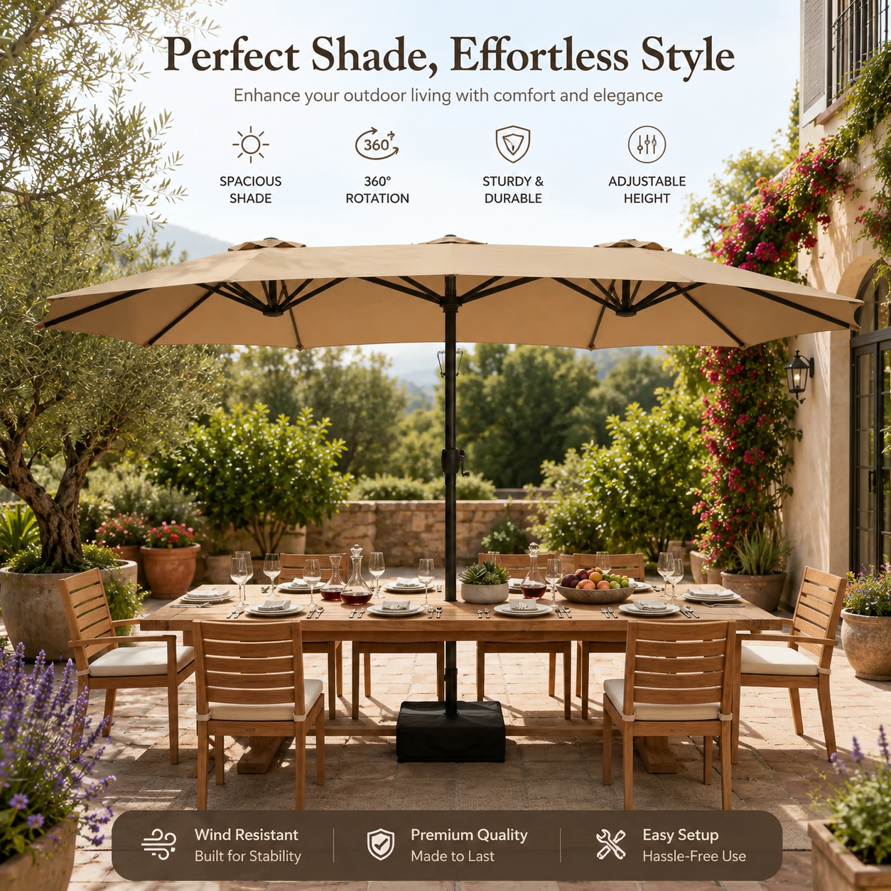 15FT Double-Sided Patio Umbrella with Included Base, Easy Crank Rectangular Outdoor Parasol for Patio, Backyard, Garden & Poolside