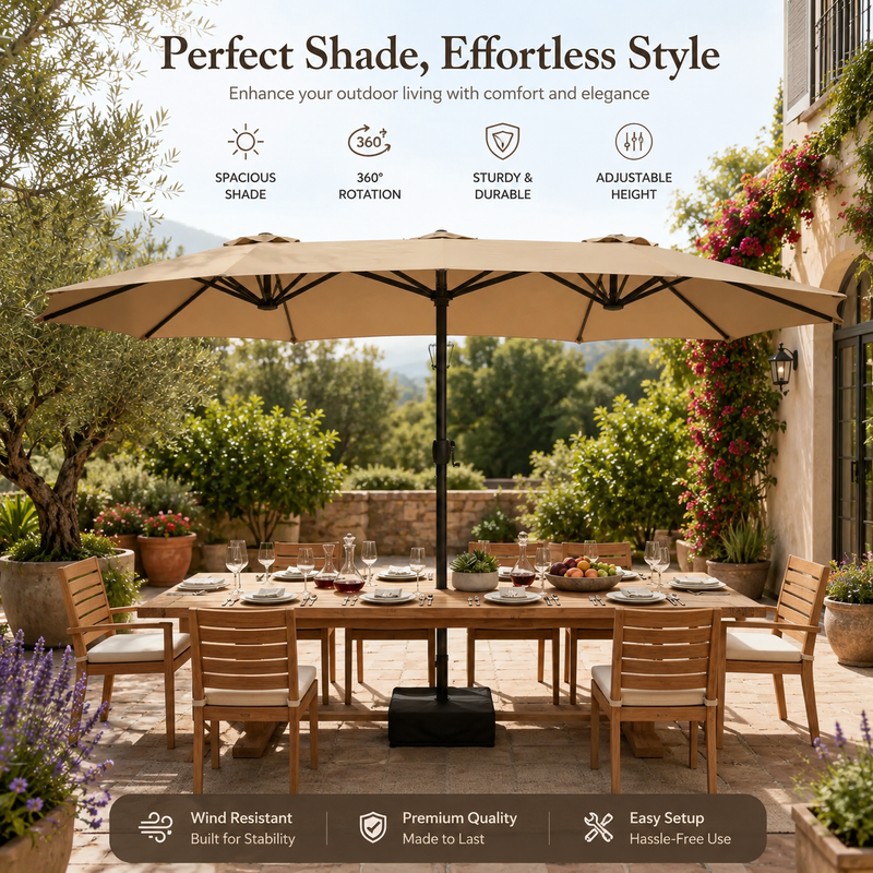 15FT Double-Sided Patio Umbrella with Included Base, Easy Crank Rectangular Outdoor Parasol for Patio, Backyard, Garden & Poolside