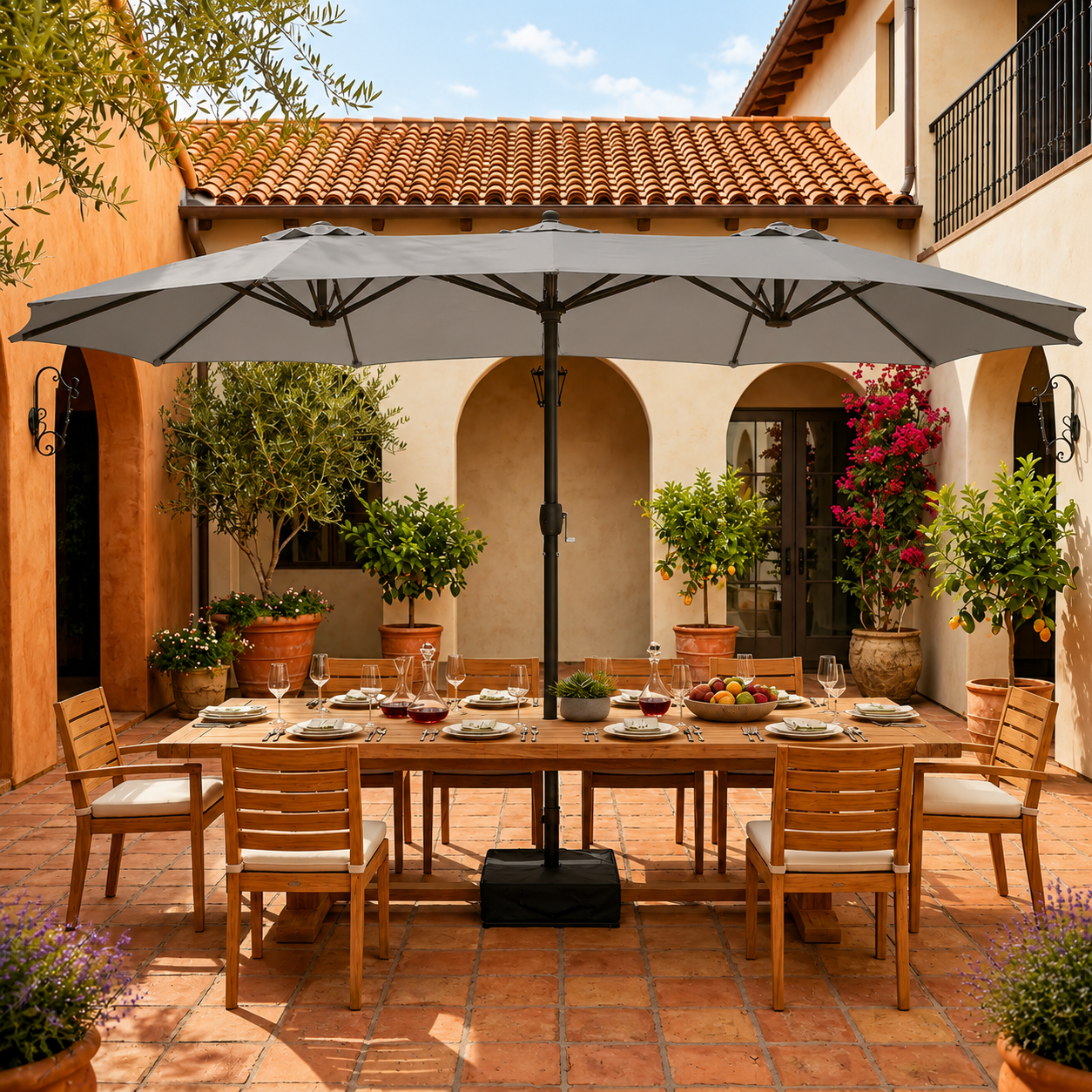 15FT Double-Sided Patio Umbrella with Included Base, Easy Crank Rectangular Outdoor Parasol for Patio, Backyard, Garden & Poolside