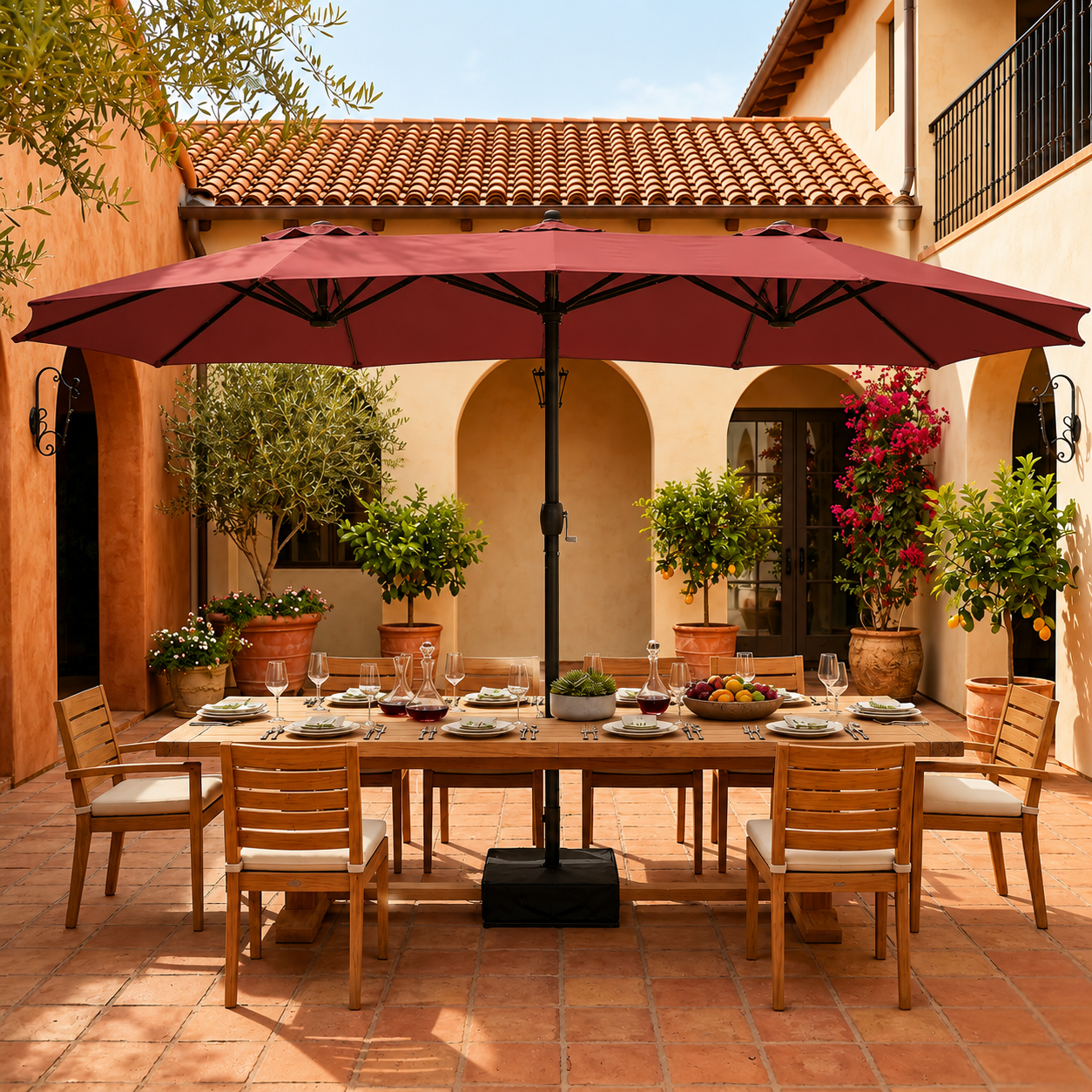 15FT Double-Sided Patio Umbrella with Included Base, Easy Crank Rectangular Outdoor Parasol for Patio, Backyard, Garden & Poolside