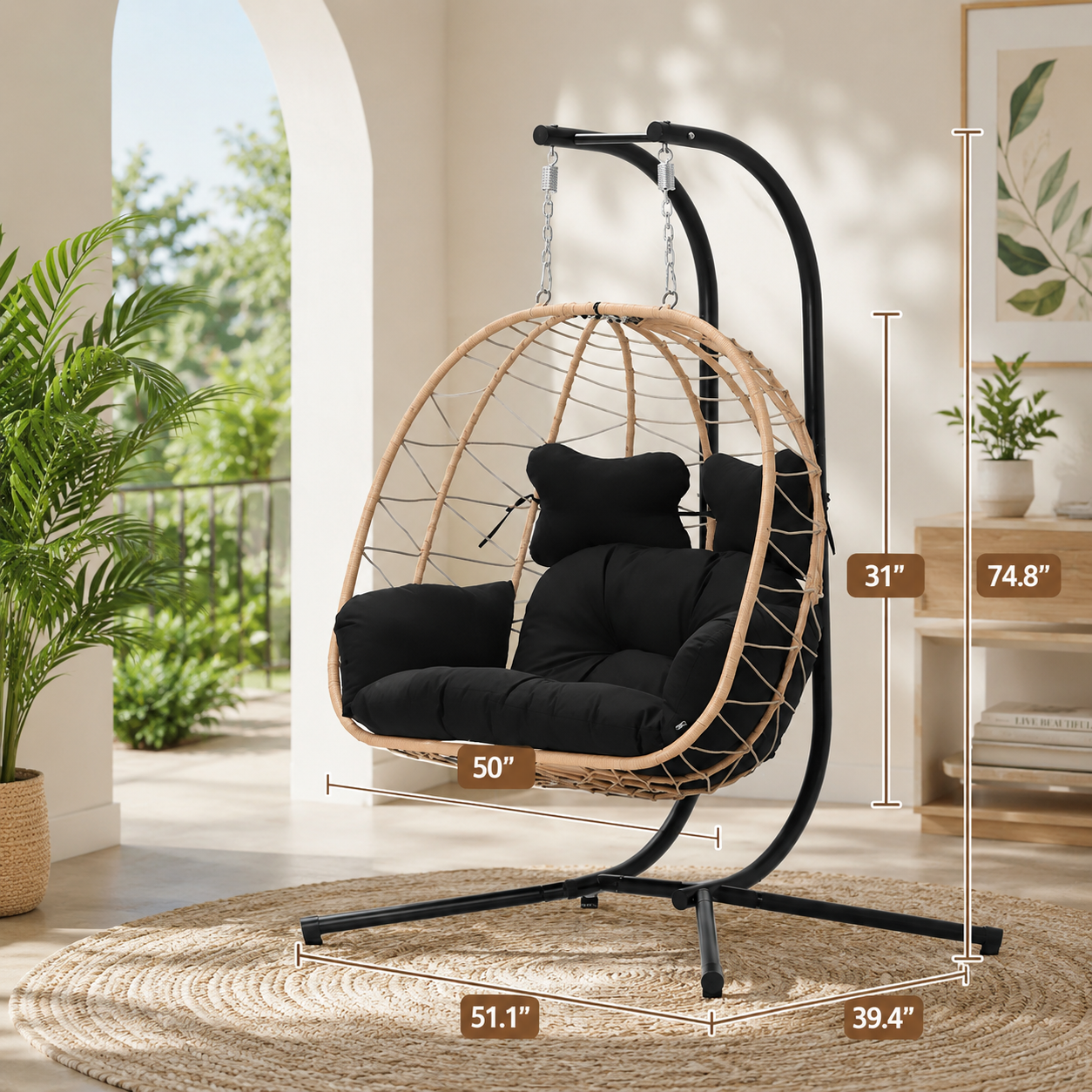 Double Hanging Egg Chair with Cushion – Foldable PE Wicker, Rust-Resistant, Perfect for Garden, Porch & Backyard