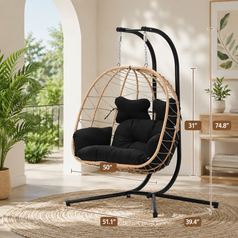 Double Hanging Egg Chair with Cushion – Foldable PE Wicker, Rust-Resistant, Perfect for Garden, Porch & Backyard