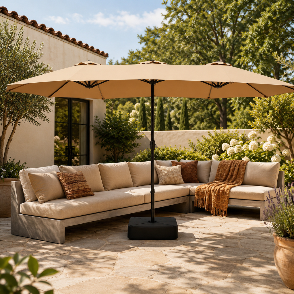 15FT Double-Sided Patio Umbrella with Included Base, Easy Crank Rectangular Outdoor Parasol for Patio, Backyard, Garden & Poolside