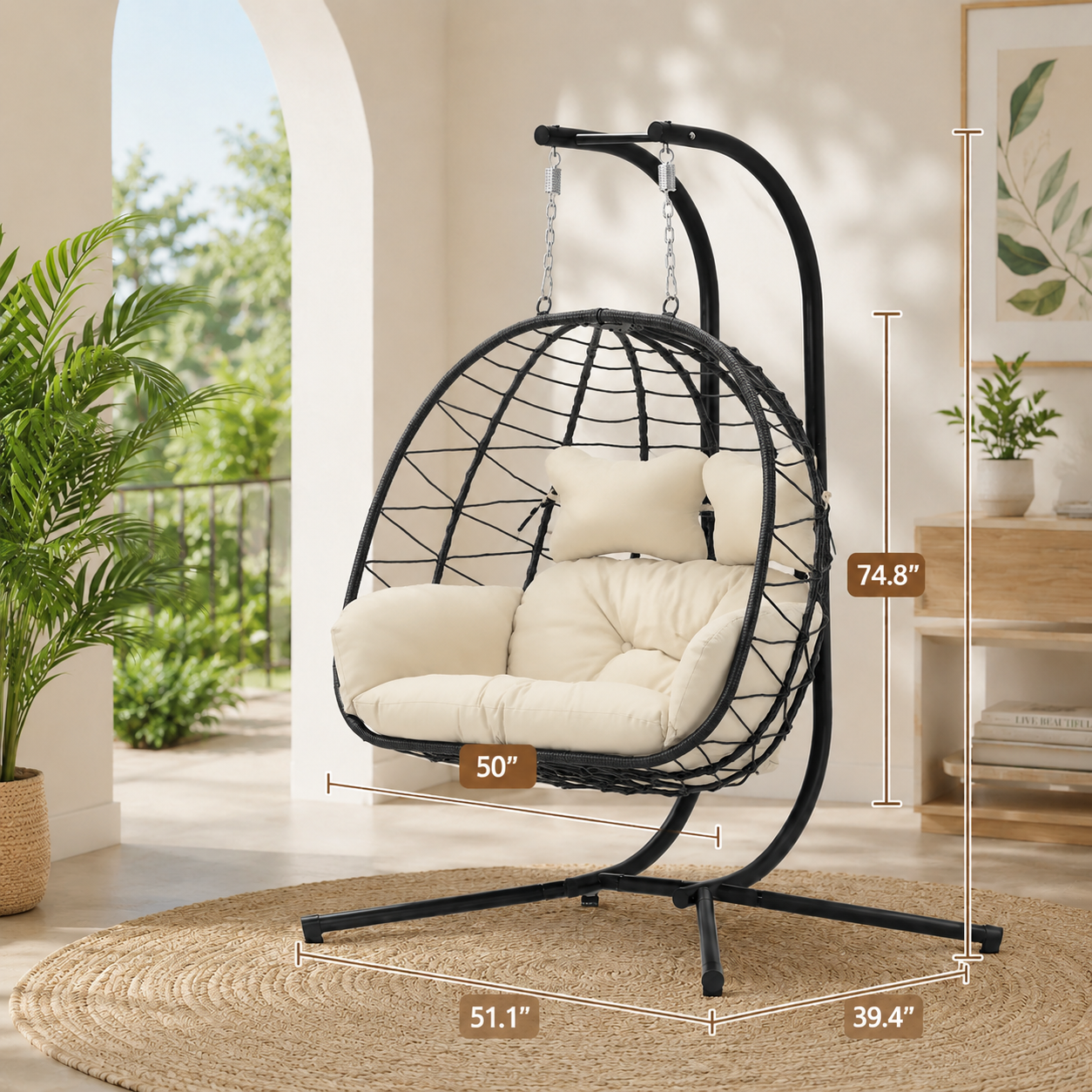 Double Hanging Egg Chair with Cushion – Foldable PE Wicker, Rust-Resistant, Perfect for Garden, Porch & Backyard