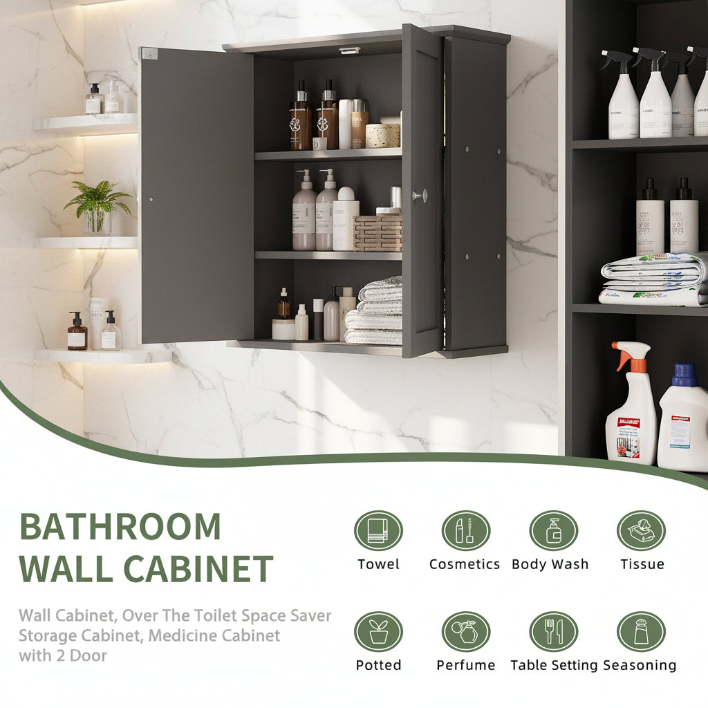 Bathroom Wall-Mounted Cabinet with 2 Doors and Storage Shelves