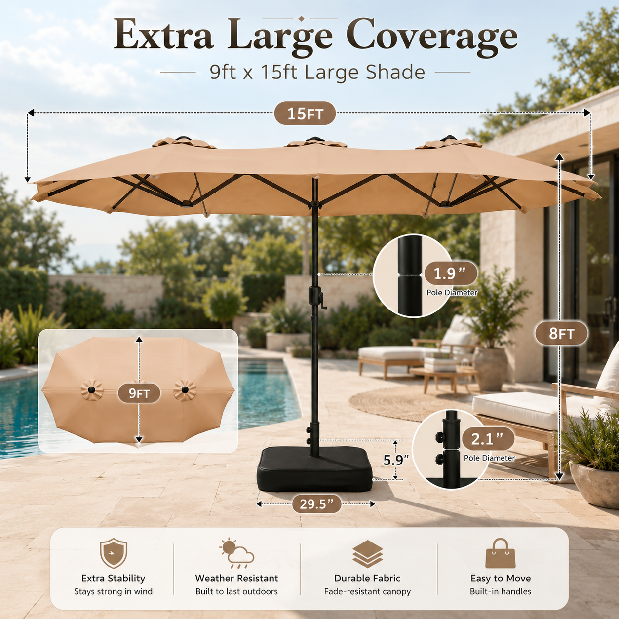 15FT Double-Sided Patio Umbrella with Included Base, Easy Crank Rectangular Outdoor Parasol for Patio, Backyard, Garden & Poolside