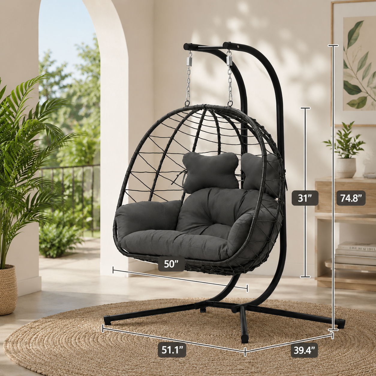 Double Hanging Egg Chair with Cushion – Foldable PE Wicker, Rust-Resistant, Perfect for Garden, Porch & Backyard