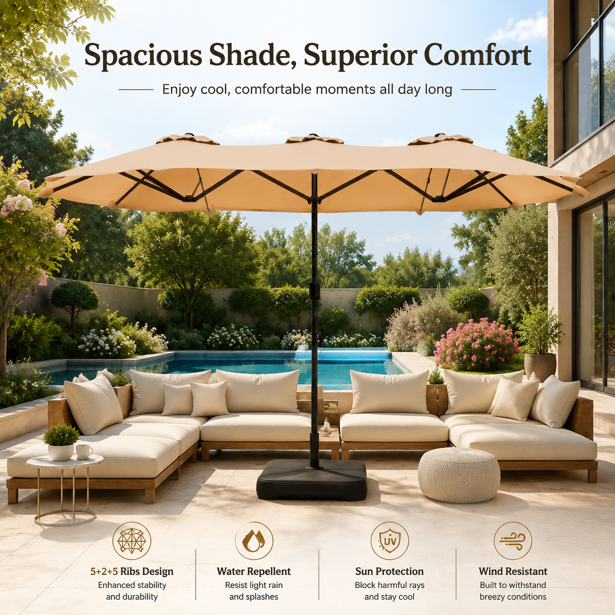 15FT Double-Sided Patio Umbrella with Included Base, Easy Crank Rectangular Outdoor Parasol for Patio, Backyard, Garden & Poolside