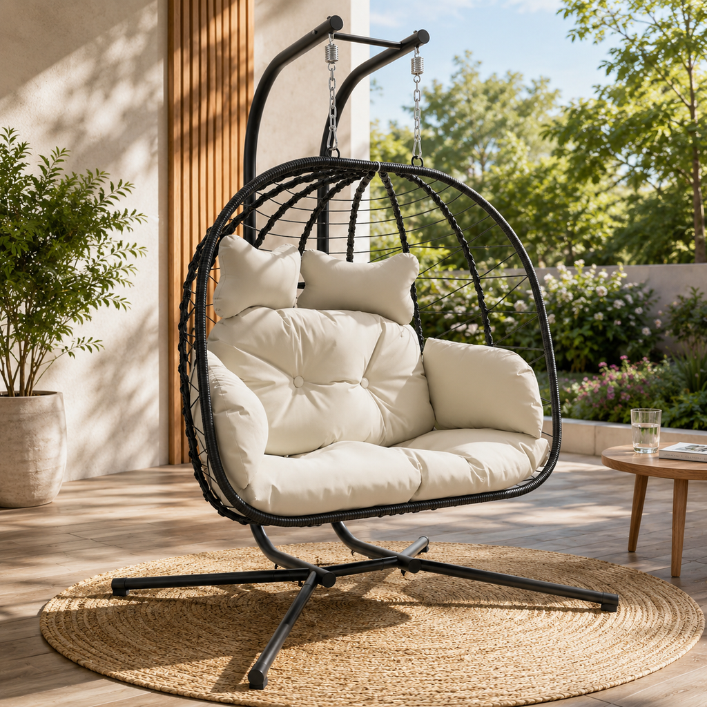 Double Hanging Egg Chair with Cushion – Foldable PE Wicker, Rust-Resistant, Perfect for Garden, Porch & Backyard