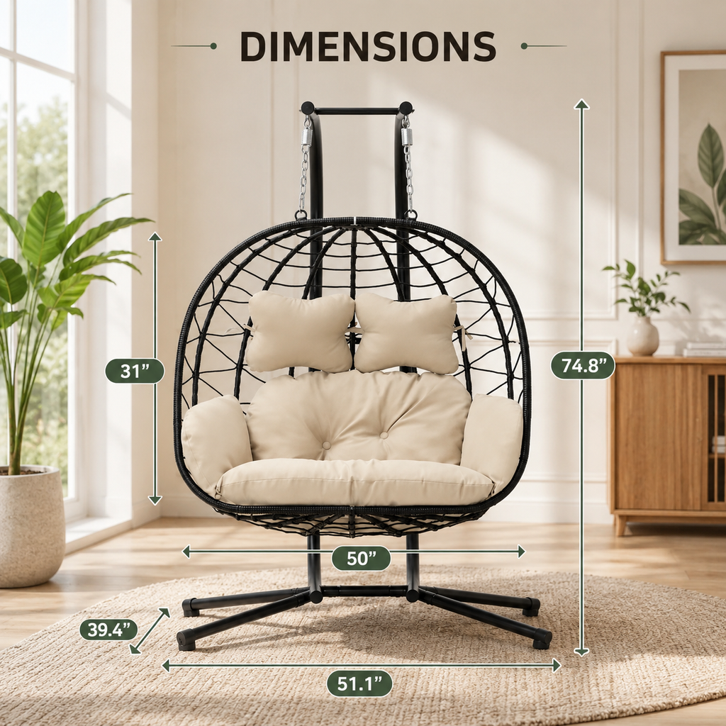 Double Hanging Egg Chair with Cushion – Foldable PE Wicker, Rust-Resistant, Perfect for Garden, Porch & Backyard