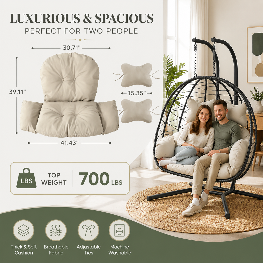 Double Hanging Egg Chair with Cushion – Foldable PE Wicker, Rust-Resistant, Perfect for Garden, Porch & Backyard