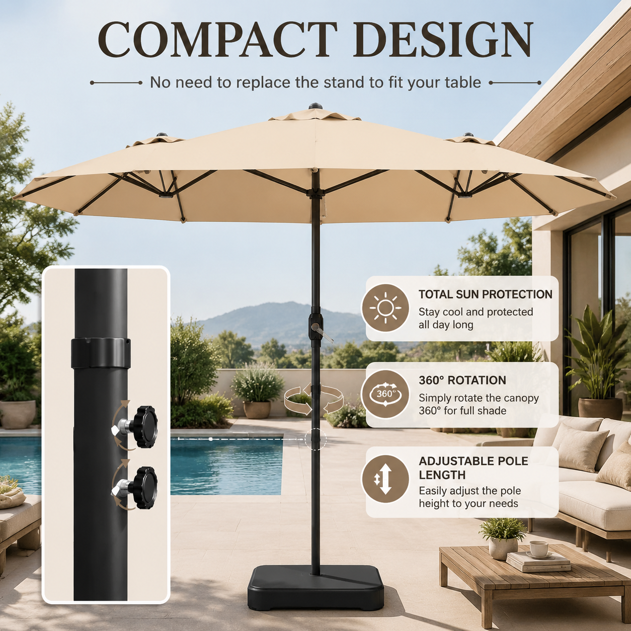15FT Double-Sided Patio Umbrella with Included Base, Easy Crank Rectangular Outdoor Parasol for Patio, Backyard, Garden & Poolside
