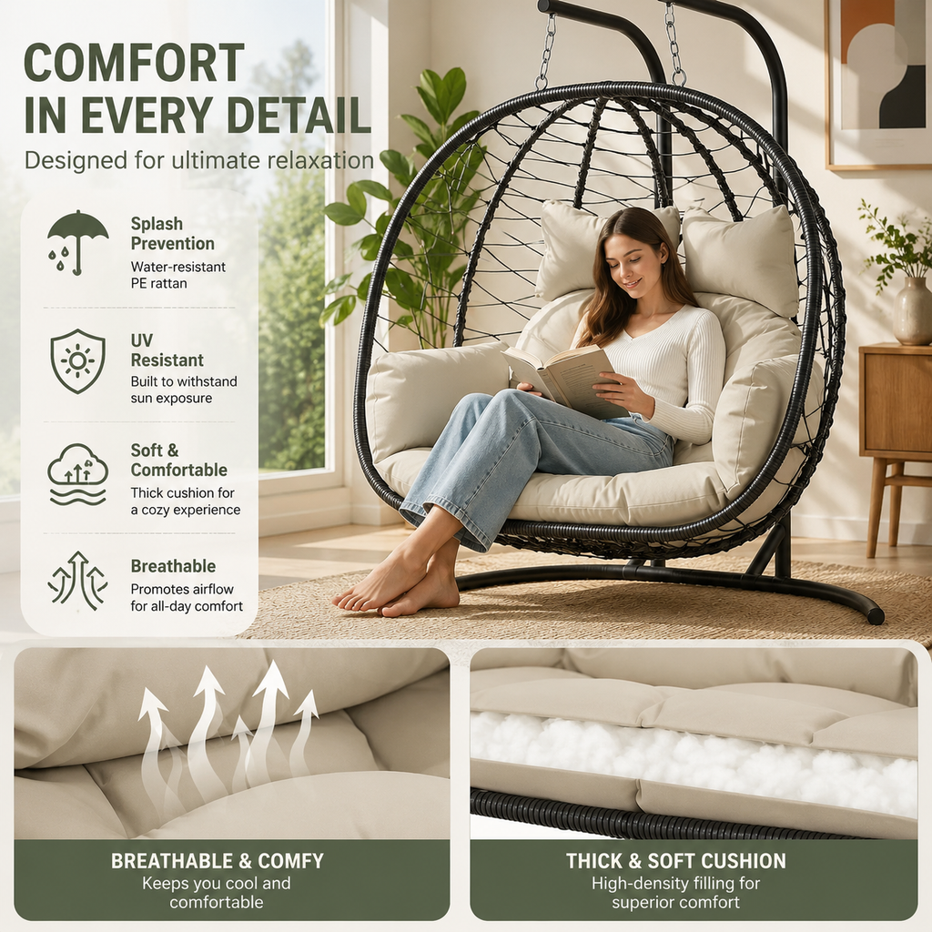 Double Hanging Egg Chair with Cushion – Foldable PE Wicker, Rust-Resistant, Perfect for Garden, Porch & Backyard