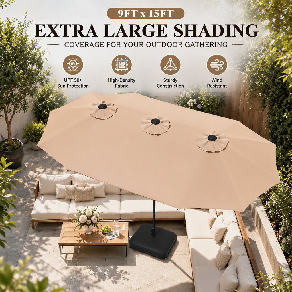 15FT Double-Sided Patio Umbrella with Included Base, Easy Crank Rectangular Outdoor Parasol for Patio, Backyard, Garden & Poolside