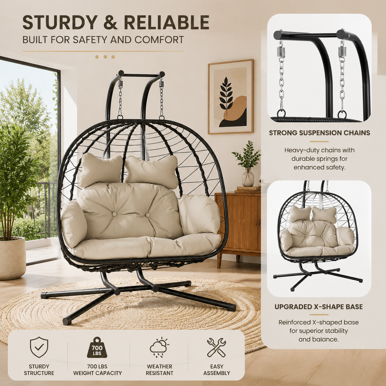 Double Hanging Egg Chair with Cushion – Foldable PE Wicker, Rust-Resistant, Perfect for Garden, Porch & Backyard