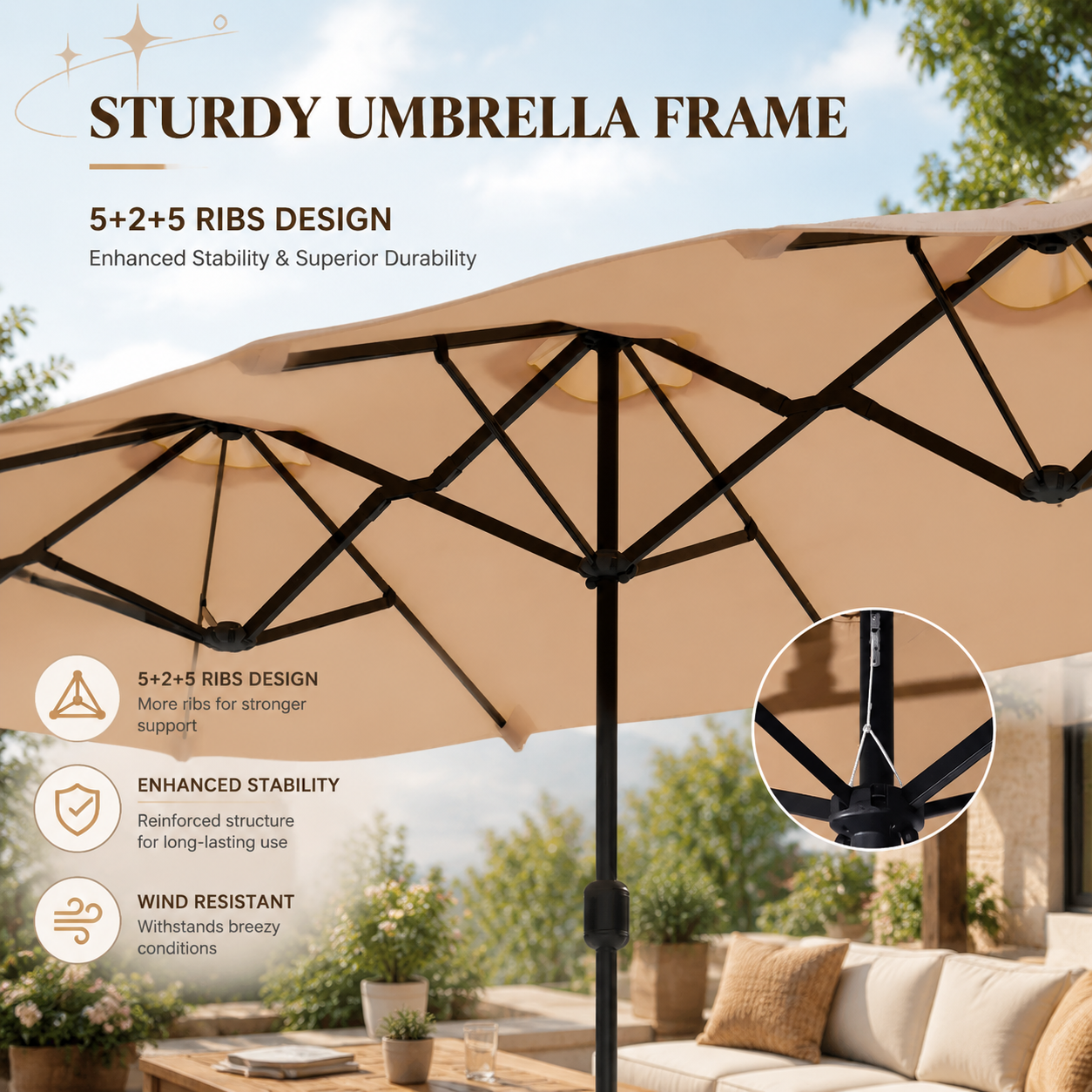 15FT Double-Sided Patio Umbrella with Included Base, Easy Crank Rectangular Outdoor Parasol for Patio, Backyard, Garden & Poolside