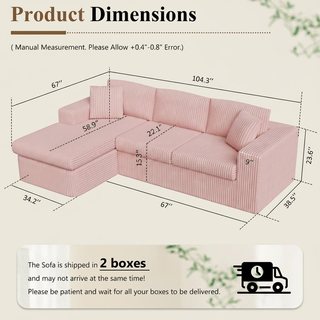 105" Cloud Modular Sectional Sofa, Deep Seat L-Shaped Corduroy Couch