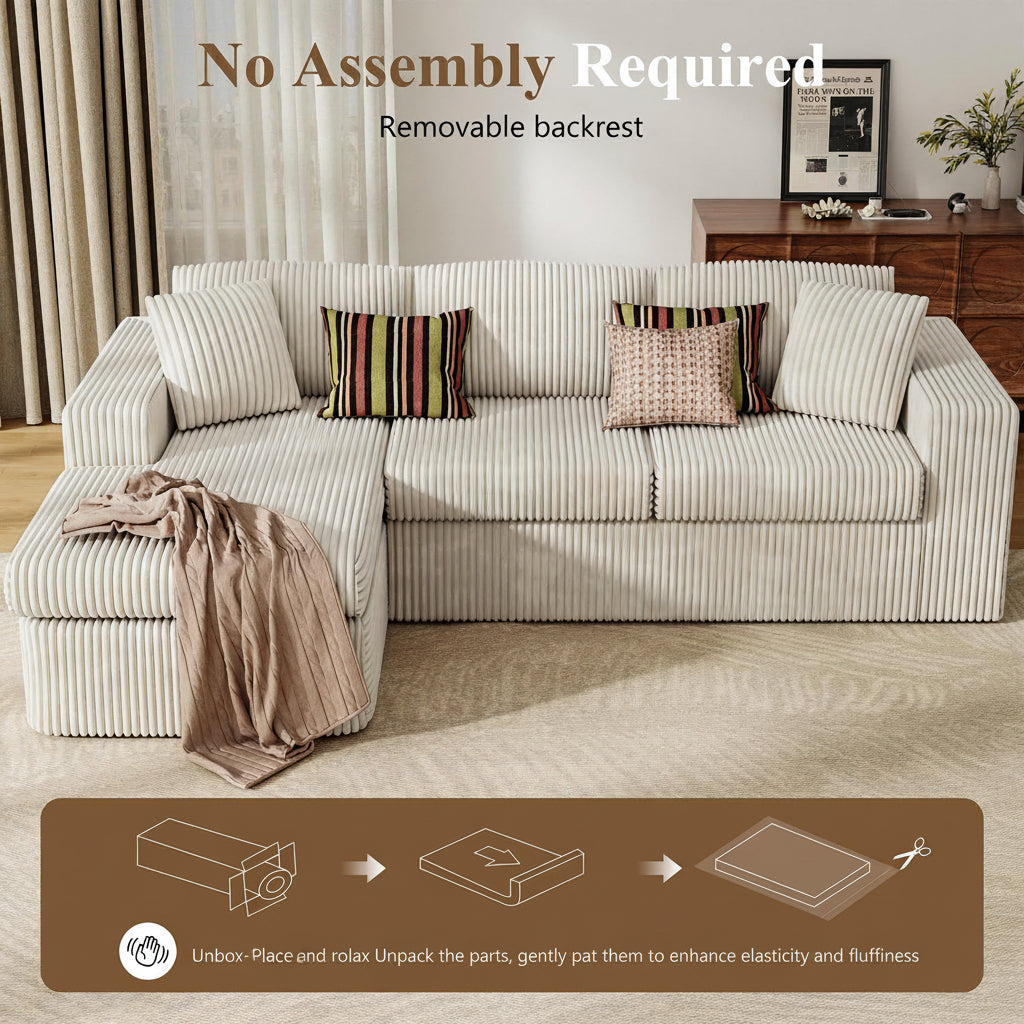 105" Cloud Modular Sectional Sofa, Deep Seat L-Shaped Corduroy Couch