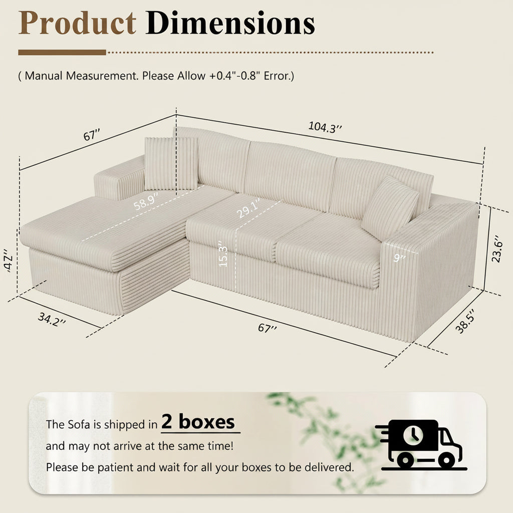 105" Cloud Modular Sectional Sofa, Deep Seat L-Shaped Corduroy Couch