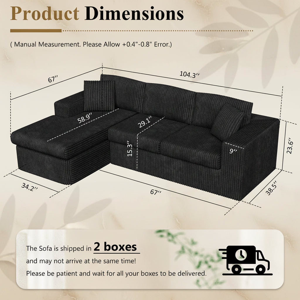 105" Cloud Modular Sectional Sofa, Deep Seat L-Shaped Corduroy Couch