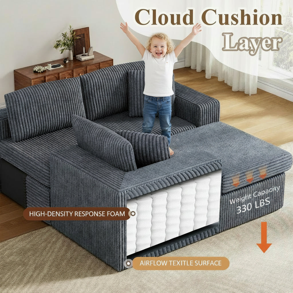 105" Cloud Modular Sectional Sofa, Deep Seat L-Shaped Corduroy Couch
