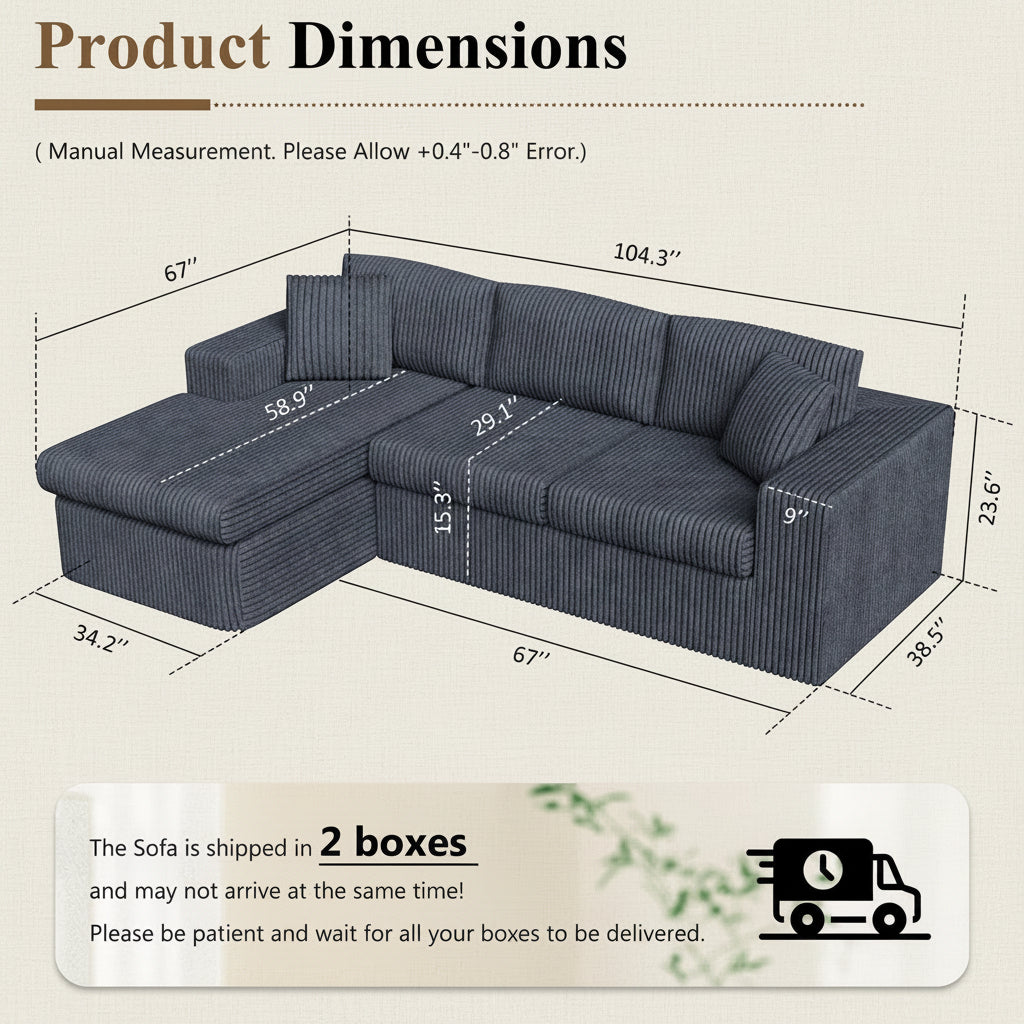 105" Cloud Modular Sectional Sofa, Deep Seat L-Shaped Corduroy Couch