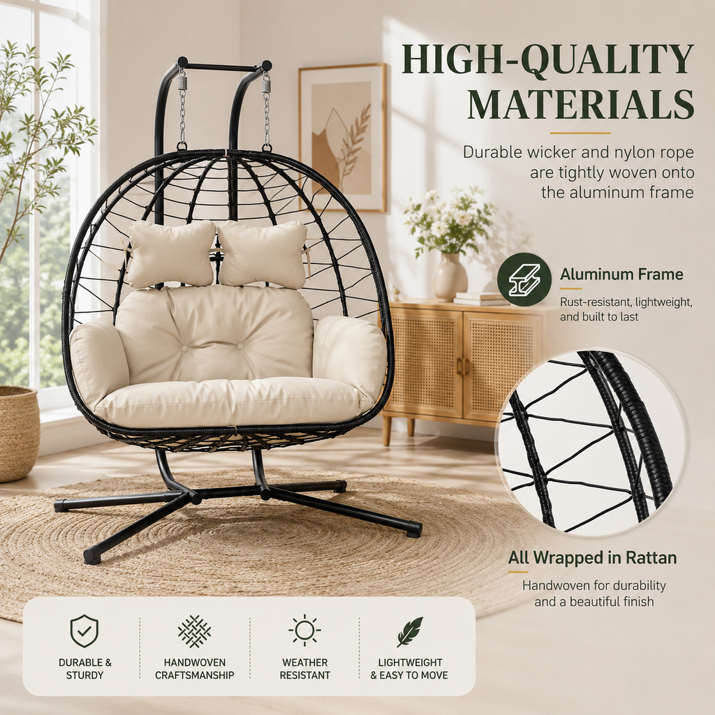 Double Hanging Egg Chair with Cushion – Foldable PE Wicker, Rust-Resistant, Perfect for Garden, Porch & Backyard