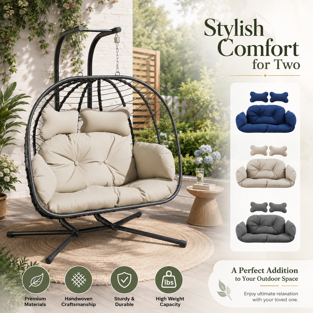 Double Hanging Egg Chair with Cushion – Foldable PE Wicker, Rust-Resistant, Perfect for Garden, Porch & Backyard