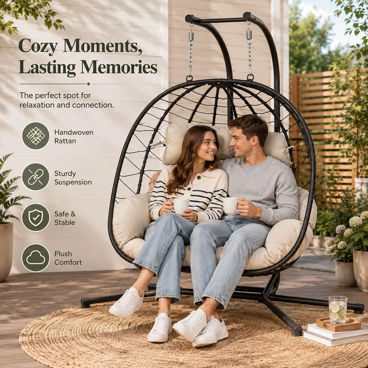Double Hanging Egg Chair with Cushion – Foldable PE Wicker, Rust-Resistant, Perfect for Garden, Porch & Backyard