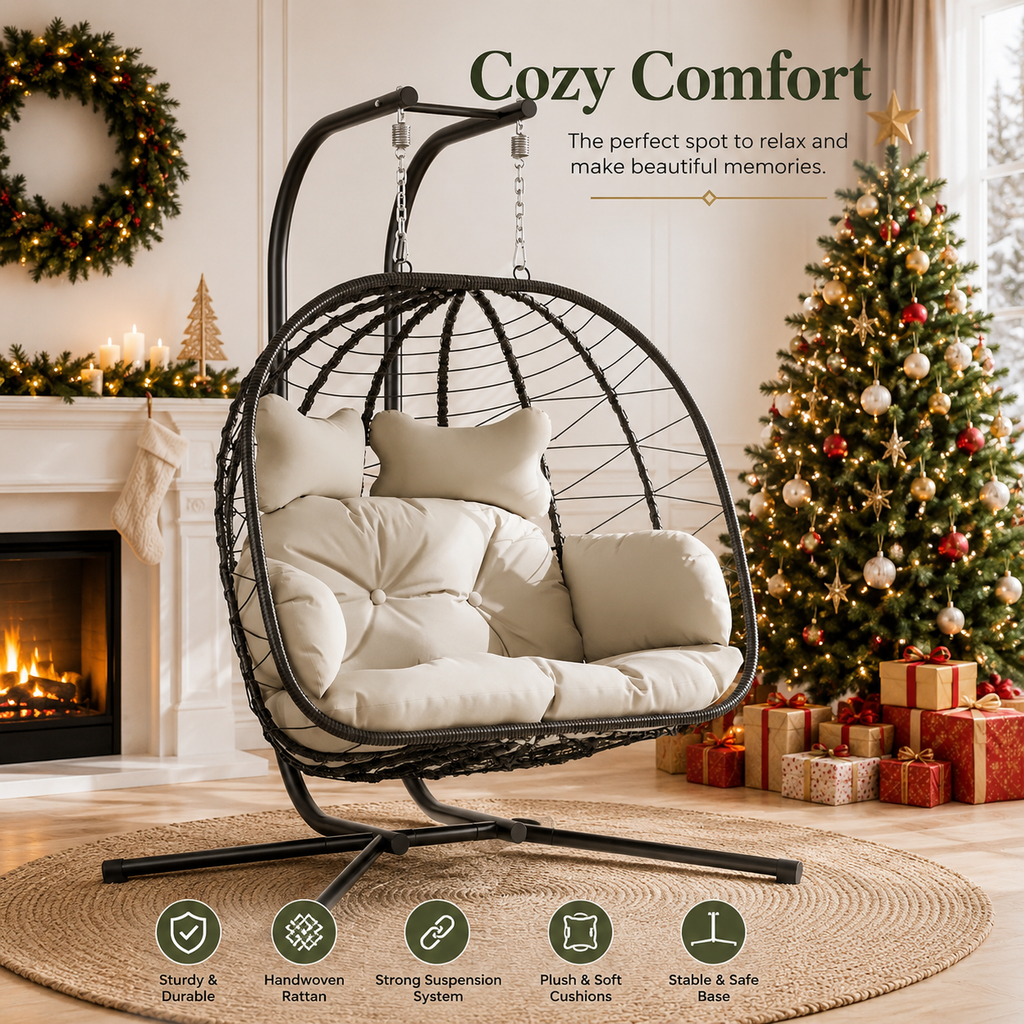 Double Hanging Egg Chair with Cushion – Foldable PE Wicker, Rust-Resistant, Perfect for Garden, Porch & Backyard