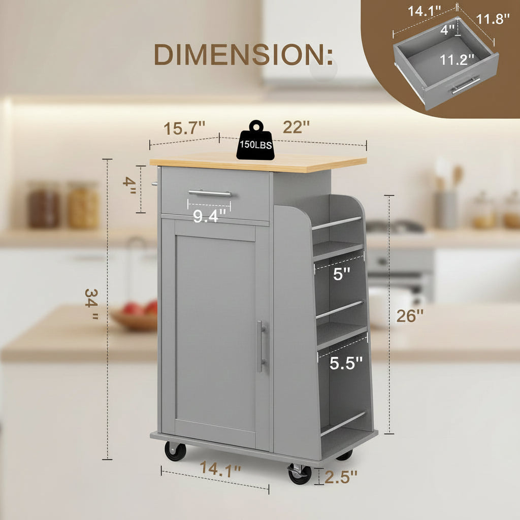 Rolling Kitchen Island Cart with Storage Cabinet
