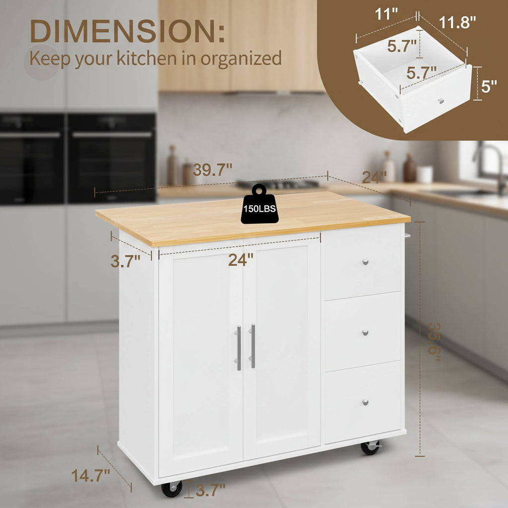 39.7" Rolling Kitchen Island Table with Storage