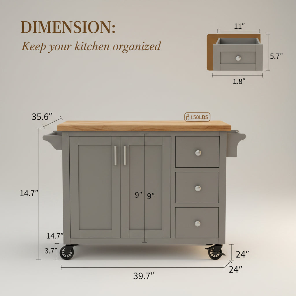 39.7" Rolling Kitchen Island Table with Storage