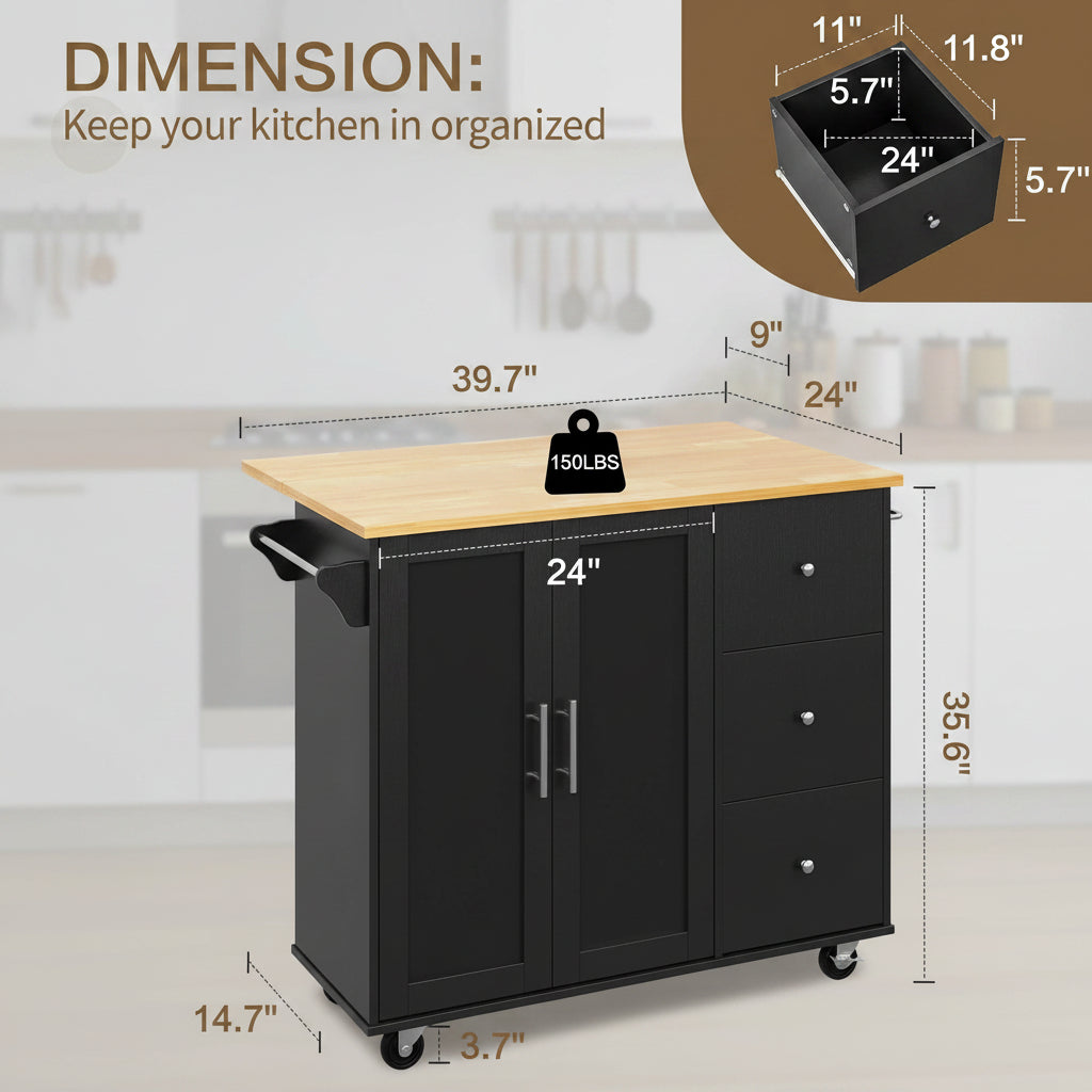 39.7" Rolling Kitchen Island Table with Storage