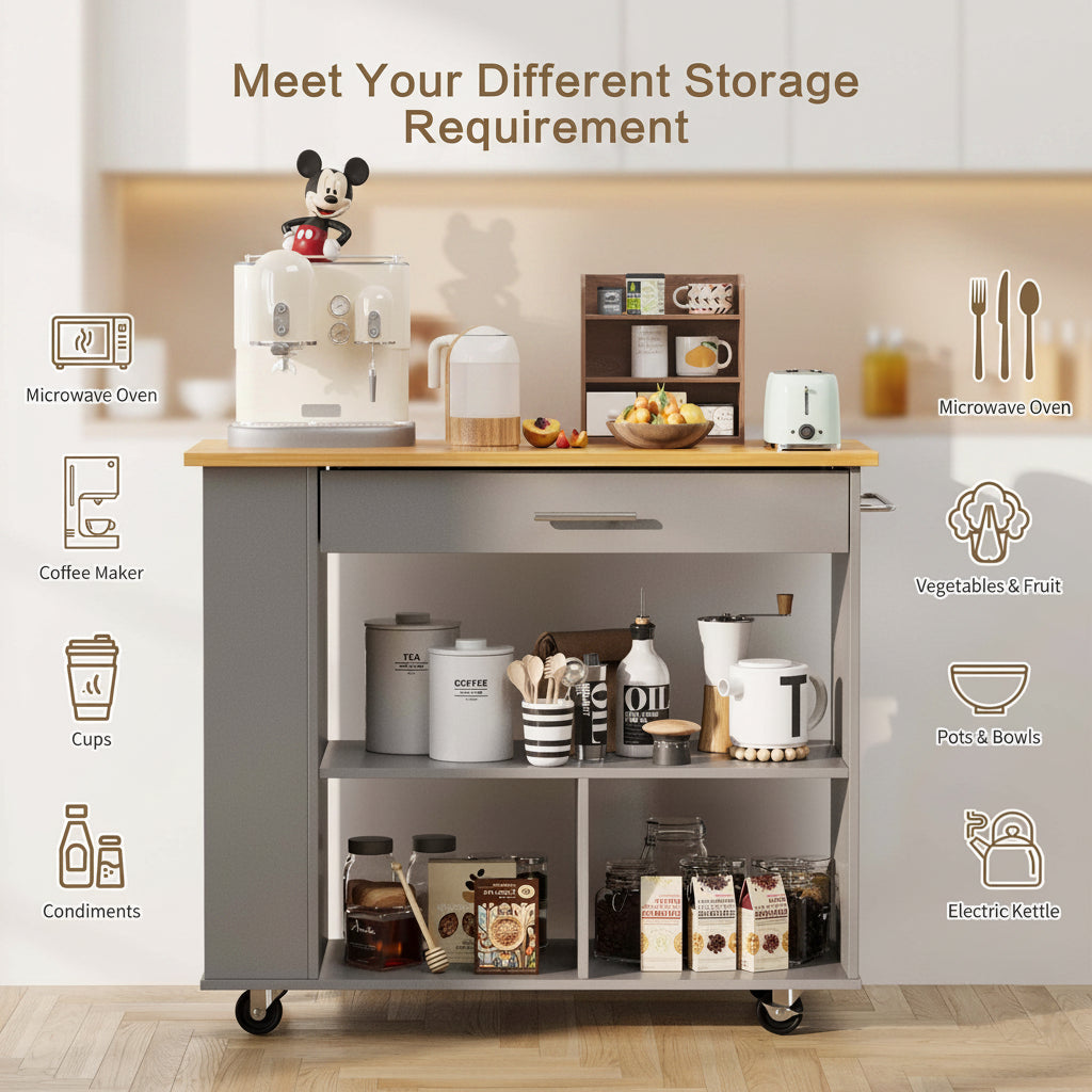 Kitchen Island with Side Spice Rack & 2-Tier Open Shelf