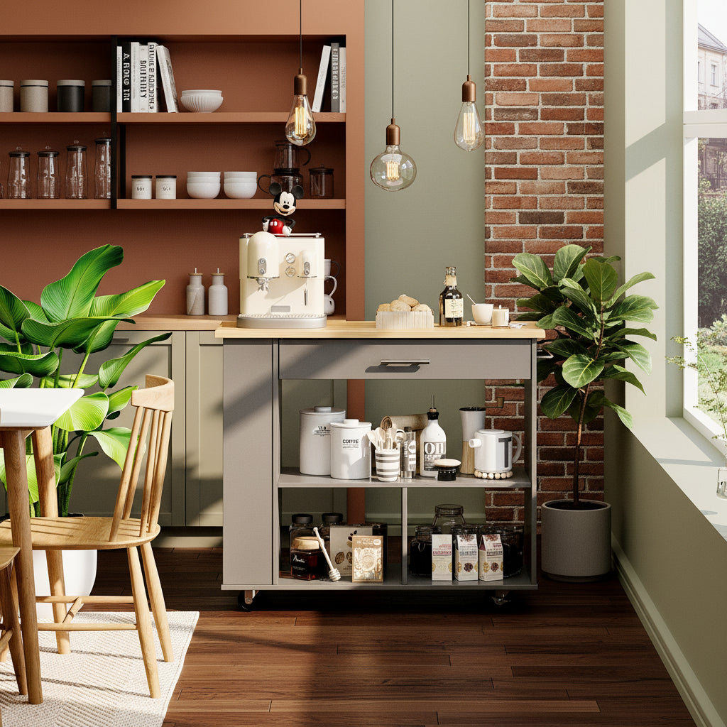 Kitchen Island with Side Spice Rack & 2-Tier Open Shelf