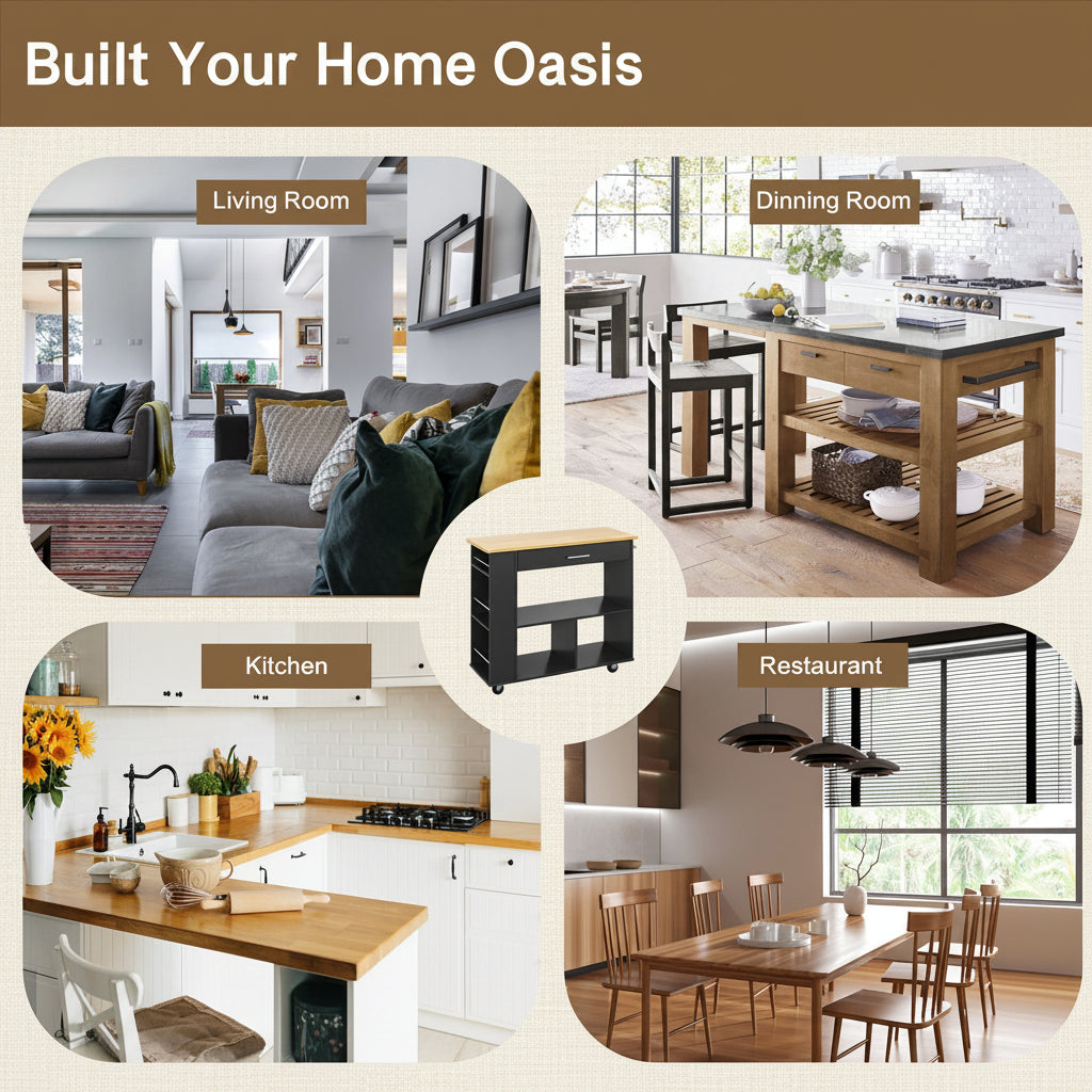Kitchen Island with Side Spice Rack & 2-Tier Open Shelf