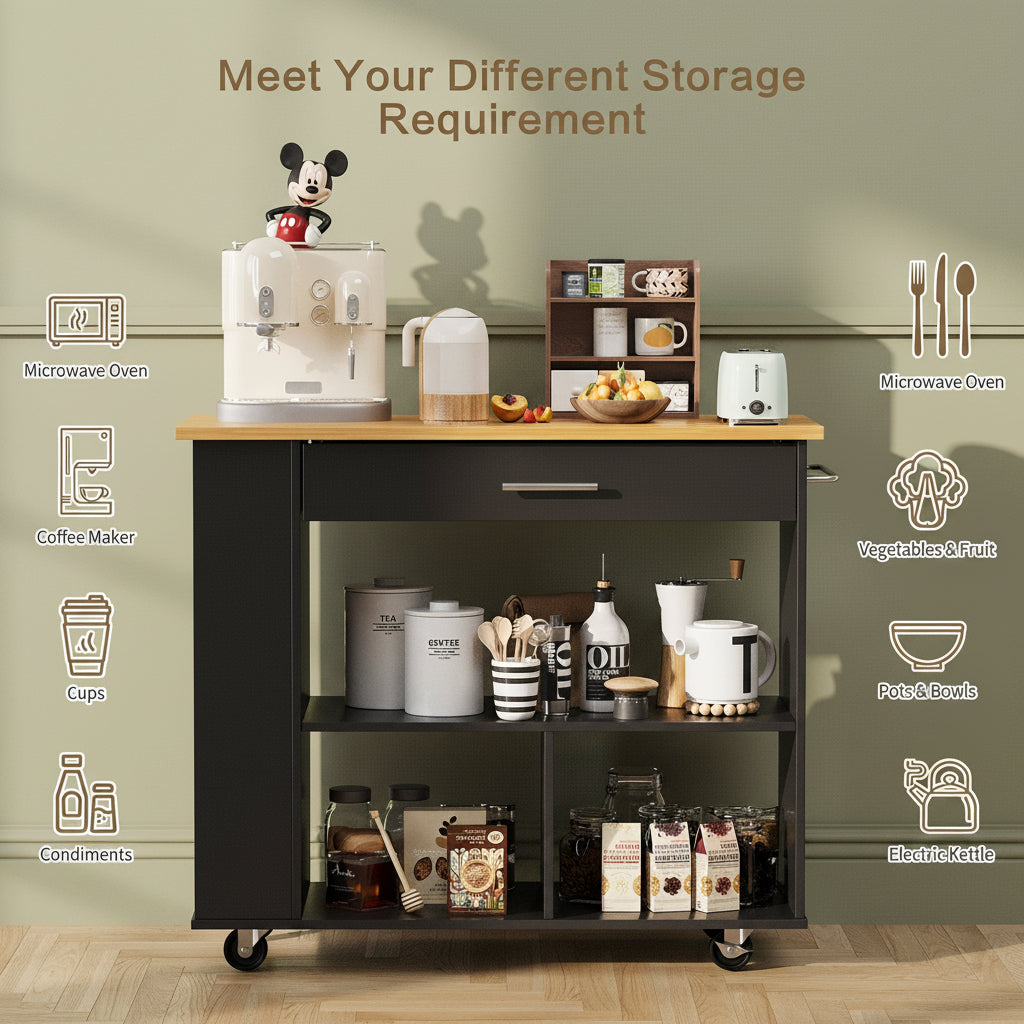 Kitchen Island with Side Spice Rack & 2-Tier Open Shelf
