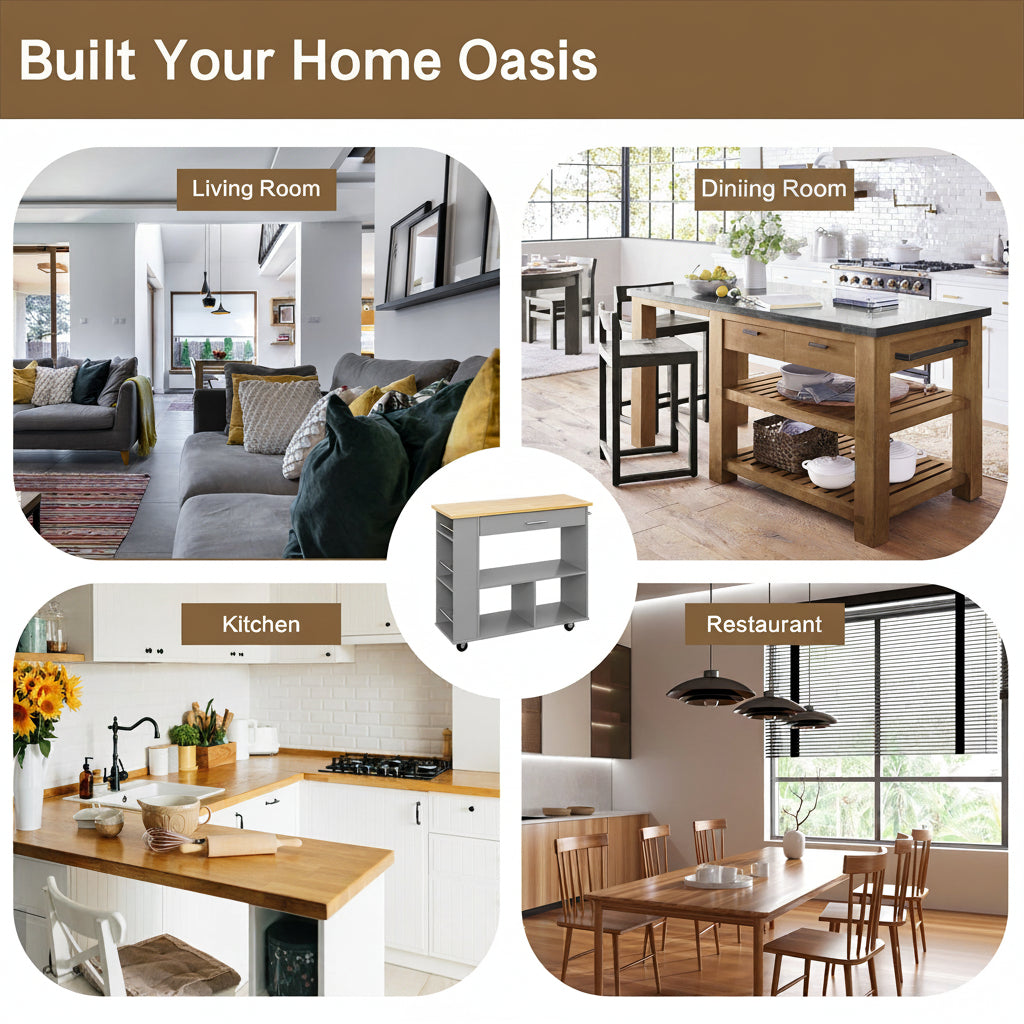Kitchen Island with Side Spice Rack & 2-Tier Open Shelf