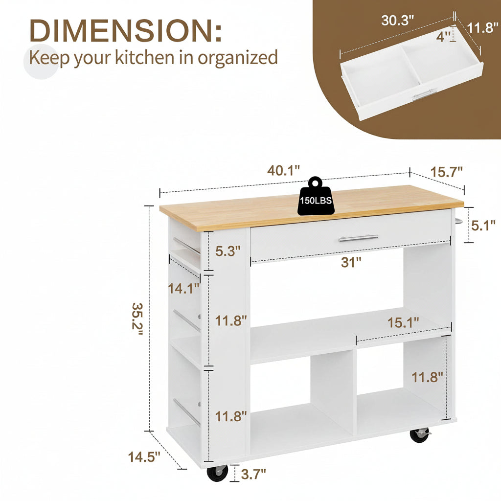 Kitchen Island with Side Spice Rack & 2-Tier Open Shelf