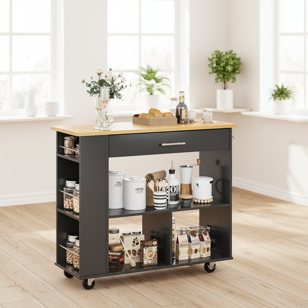 Kitchen Island with Side Spice Rack & 2-Tier Open Shelf