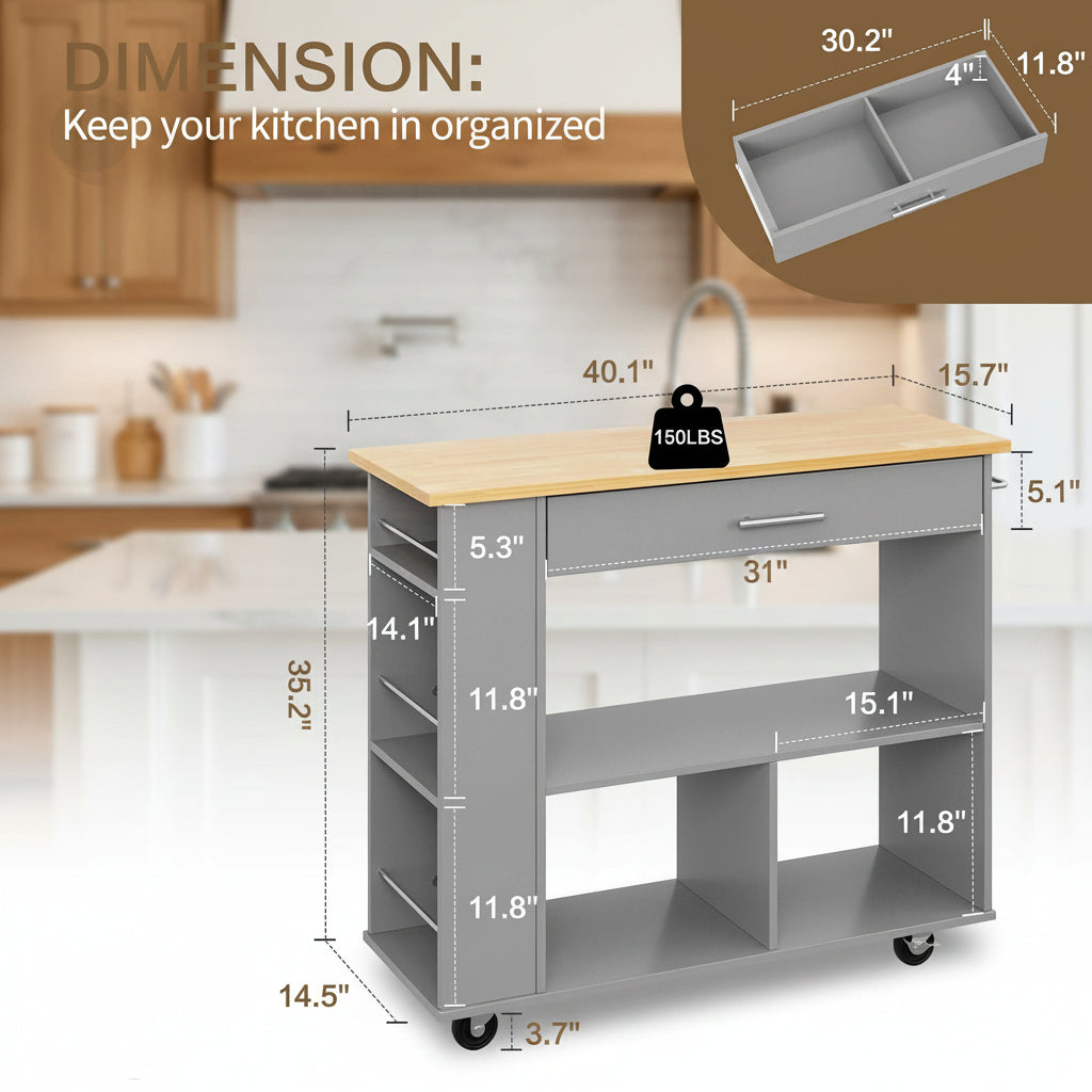 Kitchen Island with Side Spice Rack & 2-Tier Open Shelf