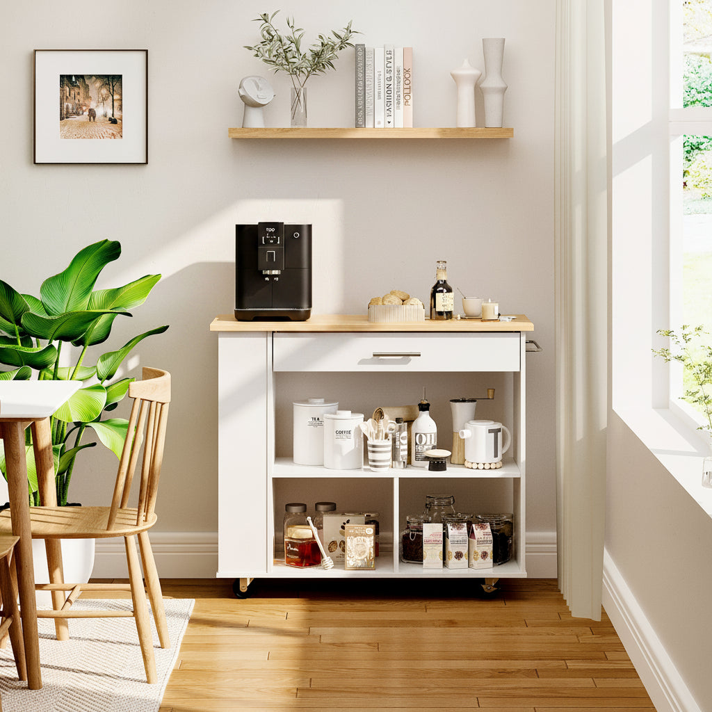 Kitchen Island with Side Spice Rack & 2-Tier Open Shelf