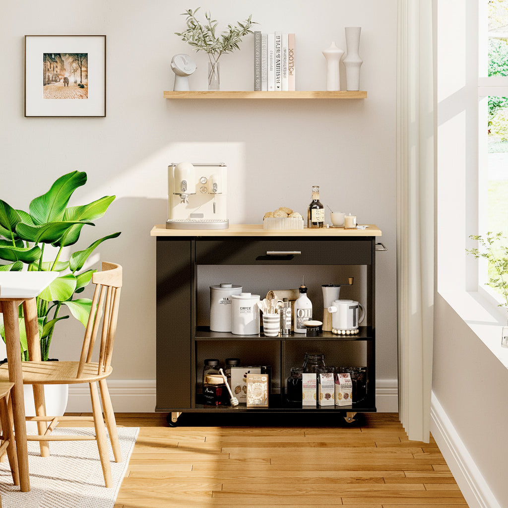 Kitchen Island with Side Spice Rack & 2-Tier Open Shelf