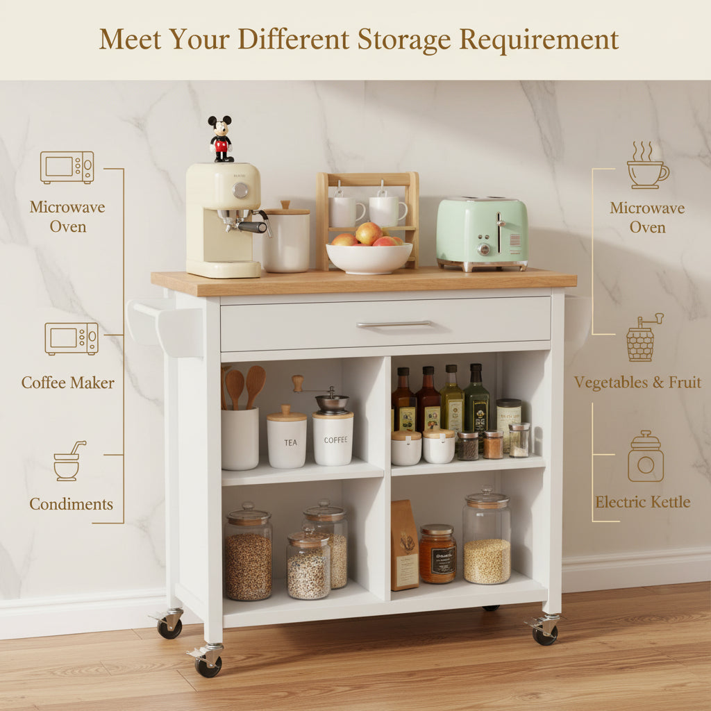 Kitchen Island with Side Spice Rack & 2-Tier Open Shelf