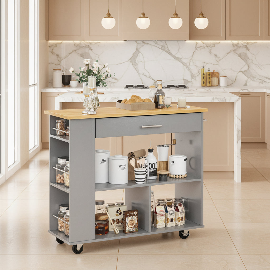 Kitchen Island with Side Spice Rack & 2-Tier Open Shelf