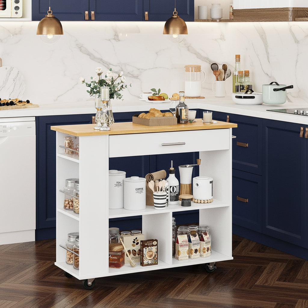 Kitchen Island with Side Spice Rack & 2-Tier Open Shelf