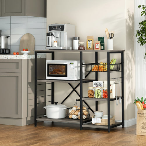 4-Tier Kitchen Bakers Rack with Storage, Coffee Bar Cabinet Station, Microwave Stand Shelf Organizer, Rustic Wood Kitchen Storage Table