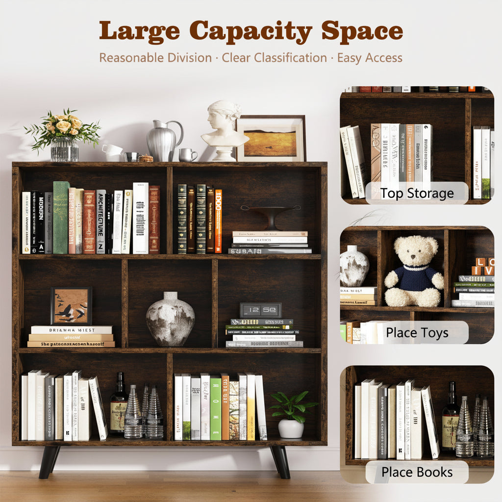 Wooden Open Shelf Bookcase, 3-Tier 7-Cube Storage Organizer with Legs