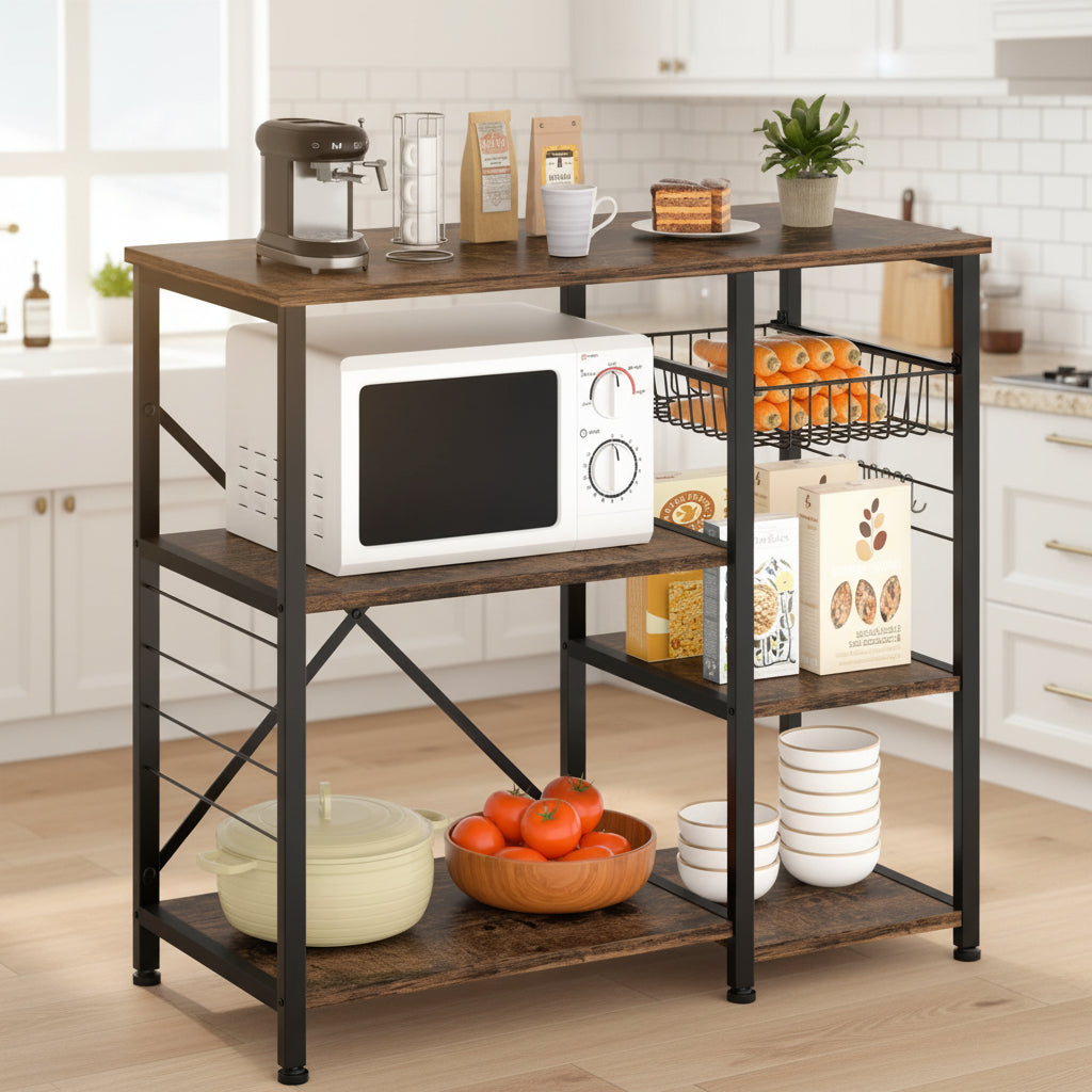 4-Tier Kitchen Bakers Rack with Storage, Coffee Bar Cabinet Station, Microwave Stand Shelf Organizer, Rustic Wood Kitchen Storage Table